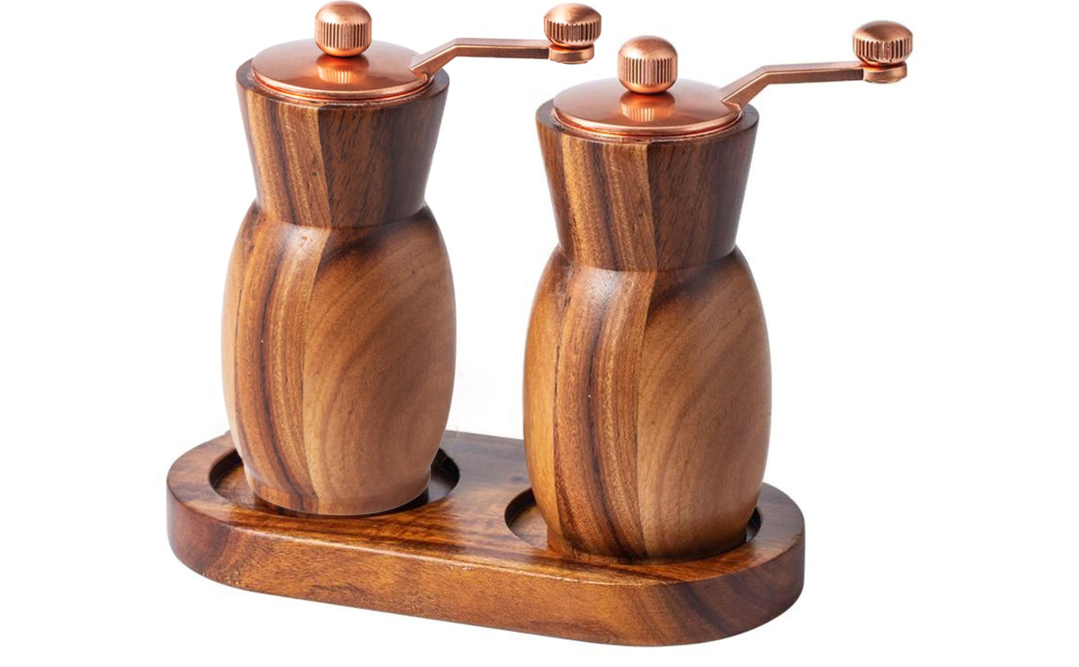 Stelalloy Pepper Grinder Pepper Mill - Salt And Pepper Grinder Set With Holder - Wood Salt and Pepper Shakers-Sea Salt Grinder Refillable - Manual Spice Grinder (4.5" Salt Grinder + 4.5" Pepper Mill)